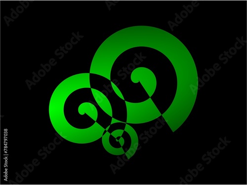Ilustración de una figura geométrica abstracta en forma de espiral de color verde con negro en un fondo negro.  photo