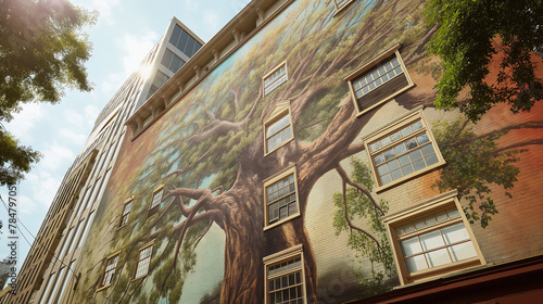 This building's facade is transformed into a tranquil environment with a tree mural that embodies women empowerment and serenity photo