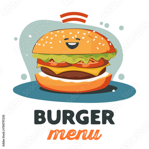 Cheerful Burger Character for Kids Menu Design  Colorful Fast Food Meal Poster.