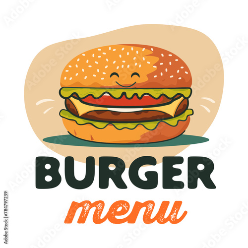 Cheerful Burger Character for Kids Menu Design, Colorful Fast Food Meal Poster.