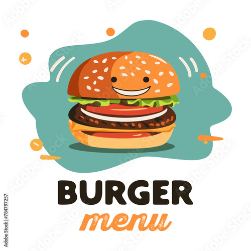 Cheerful Burger Character for Kids Menu Design  Colorful Fast Food Meal Poster.