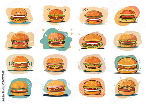 Set of colorful fast food Meal Poster, illustration of burger and fries, drink.