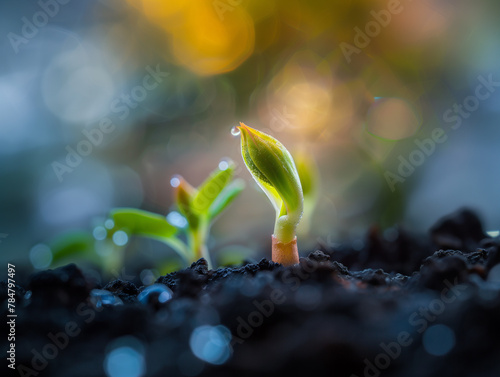 A macro shot of the sprout breaking through the soil, symbolising growth, new beginnings and spring