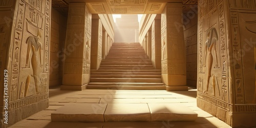 Egyptian Temple. Passage with stairs and walls with Egyptian hieroglyphics, illuminated by warm bright sun rays photo