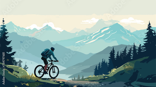 Vector illustration of a person cycling on a mounta