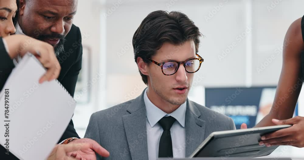 Businessman, working and stress with tablet or mobile for job, call and documents on computer. Male person and corporate with files and phone for schedule, technology or anxiety and time management Businessman, working and stress with tablet or mobile for job, call and documents on computer. Male person and corporate with files and phone for schedule, technology or anxiety and time management
