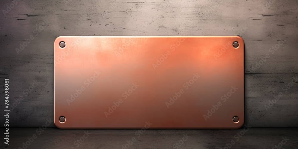 Coral large metal plate with rounded corners is mounted on the wall. It is a 3D rendering of a blank metallic signboard in a copper color with reflections on an industrial concrete background. The pla - obrazy, fototapety, plakaty 