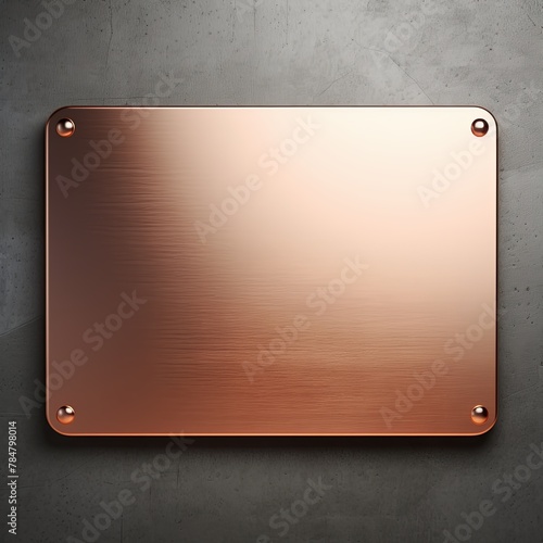 Coral large metal plate with rounded corners is mounted on the wall. It is a 3D rendering of a blank metallic signboard in a copper color with reflections on an industrial concrete background. The pla