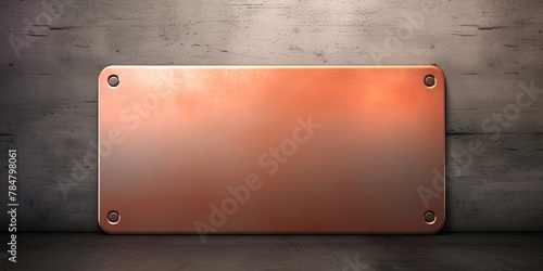 Coral large metal plate with rounded corners is mounted on the wall. It is a 3D rendering of a blank metallic signboard in a copper color with reflections on an industrial concrete background. The pla