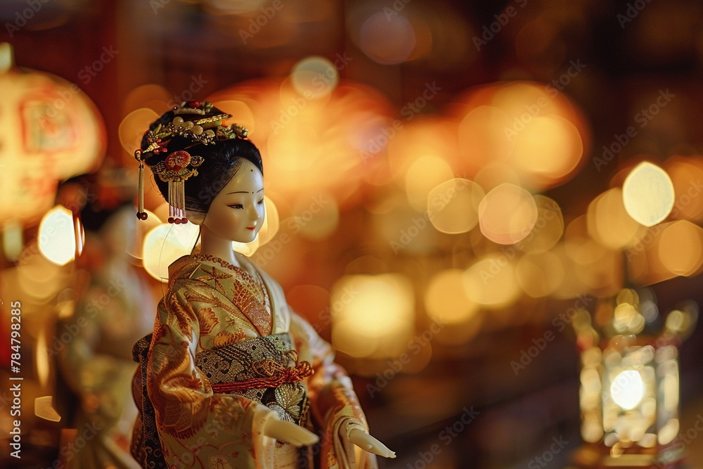 Medieval times meeting Regency elegance, figures in kimonos, soft focus, warm ambient light