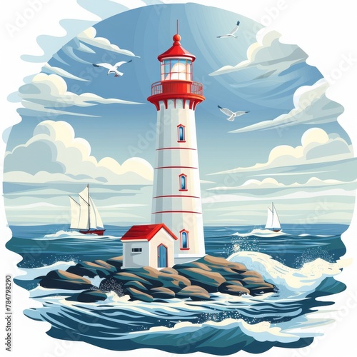 Illustration of a picturesque lighthouse standing on rocky shores with sailing ships in the background and seagulls flying overhead in a dynamic seascape.