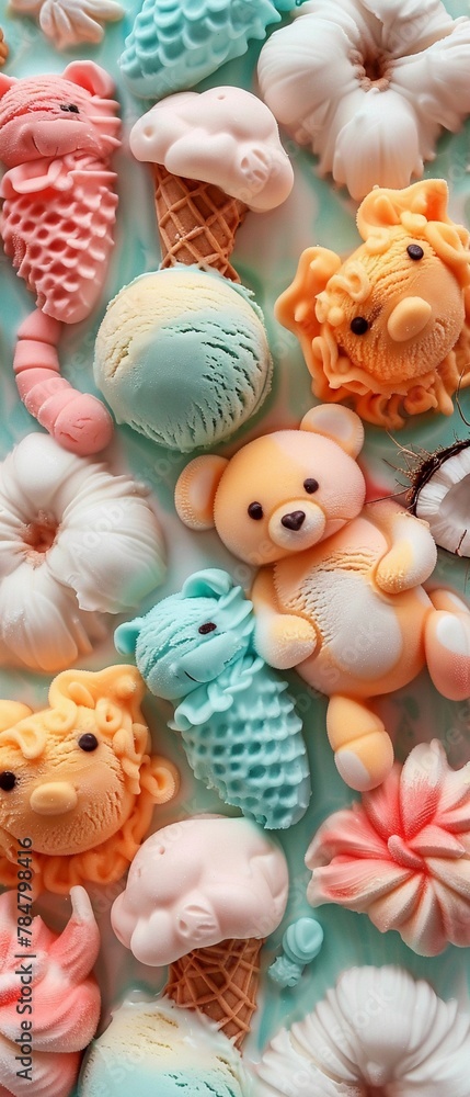 Coconut ice cream crafted into animal shapes, vibrant and playful, close perspective, summer light Coconut ice cream crafted into animal shapes, vibrant and playful, close perspective, summer light