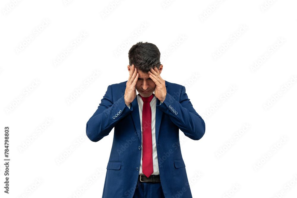 Stressed Businessman in Anguish with Hands on Head white background Stressed Businessman in Anguish with Hands on Head white background