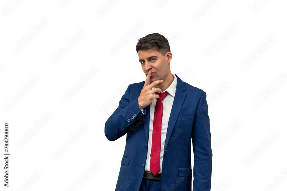 Seductive Businessman with Finger on Lips Looking at Camera white background Seductive Businessman with Finger on Lips Looking at Camera white background