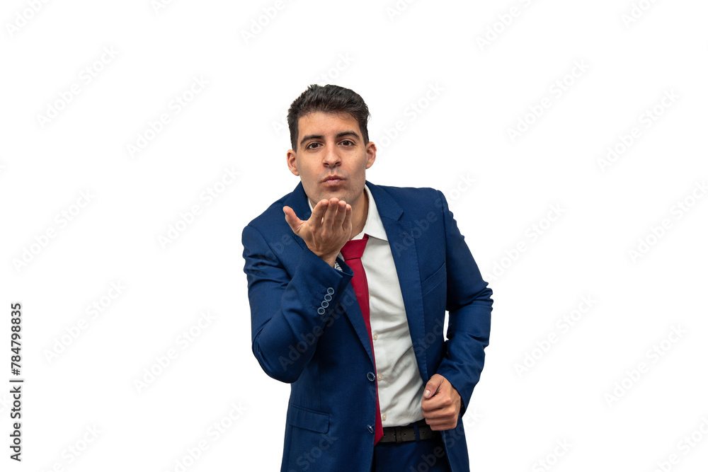 Suited Businessman Blowing Kiss with Blue Suit and Red Tie white background Suited Businessman Blowing Kiss with Blue Suit and Red Tie white background