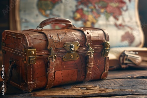 Vintage Wanderlust: Leather Retro Suitcase with World Map Background
