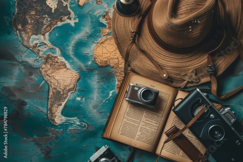 Retro Travel: World Map, Hat, Book, and Camera for Vintage Adventures