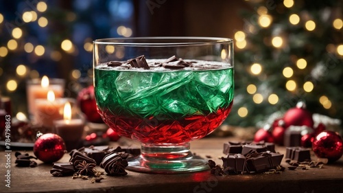 Vibrant cocktail, exhibiting layers of green, red, garnished with ice cubes, takes center stage in image, embodying spirit of holiday festivities.