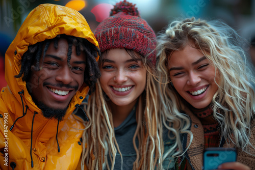 Three people are smiling and posing for a picture. One of them is wearing a yellow jacket. A cell phone is visible in the scene