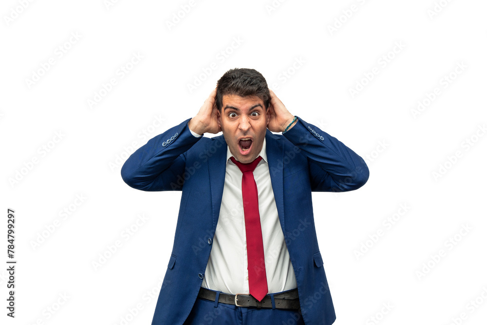 Terrified Businessman with Hands on Head and Mouth Open in Shock white background Terrified Businessman with Hands on Head and Mouth Open in Shock white background