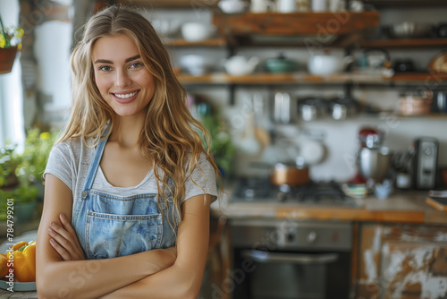 A woman with long hair is standing in a kitchen with a blue apron on. She is smiling and looking at the camera