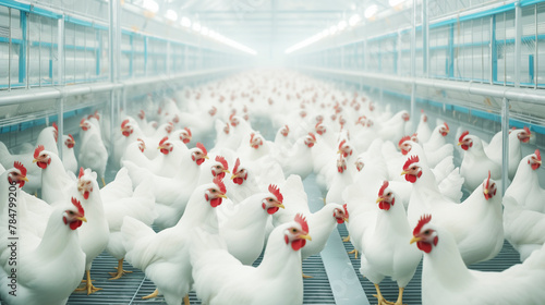 A large flock of white chickens are standing in a pen. The chickens are all facing the same direction, and they are all looking at the camera. The scene is bright and cheerful