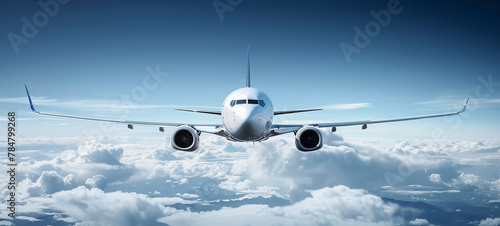 A white airplane is flying through the sky with a blue sky in the background. The airplane is the main focus of the image  and it is soaring through the air with ease. Scene is one of freedom