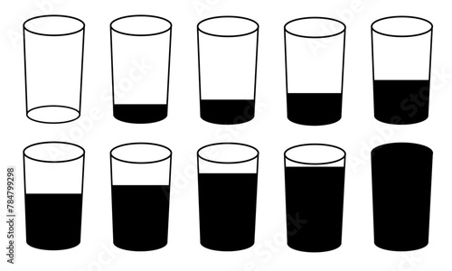 Set of simple vector different shot, glasses. Glass marking. Grammar glass icons. Different glass filling. Black and white empty glass or full glass or glass half filled, half empty glass