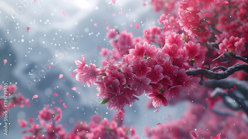 A beautiful pink cherry blossom tree with pink flowers. The tree is surrounded by a body of water  and the water is reflecting the pink flowers