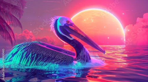 Neon pelicans soar over the sea at dusk, their graceful flight silhouetted against the setting sun and the darkening night sky, embodying the beauty of wildlife in nature