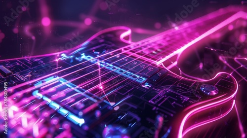 Digital Neon Guitar, Music Background with Glowing Energy Pattern, Purple Theme photo