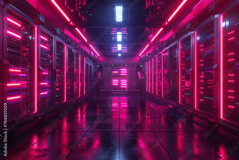Futuristic Data Center with Pink and Red LED Lighting, High-Tech Server Room Infrastructure Futuristic Data Center with Pink and Red LED Lighting, High-Tech Server Room Infrastructure