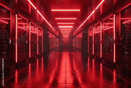 Futuristic Data Center with Red LED Lighting, High-Tech Server Room Infrastructure