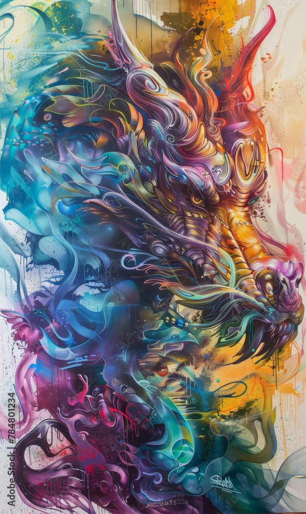 Graffiti of a mythical creature with a dynamic, colorful dragon, phone wallpaper illustration