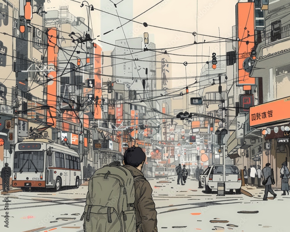 Obraz premium Silence in a bustling Asian city, illustration