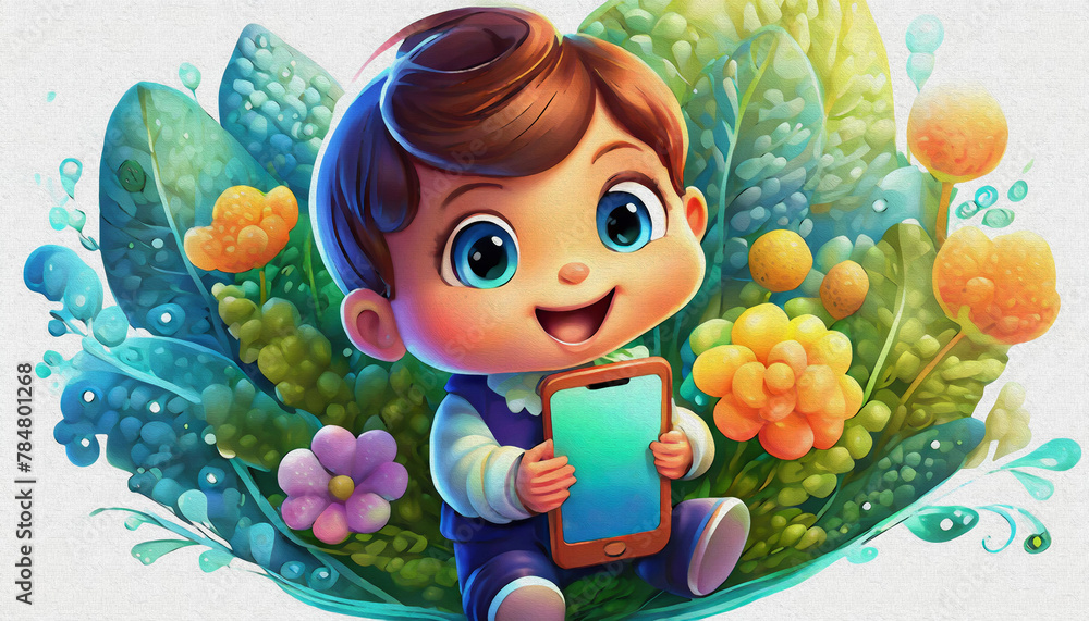 Naklejka premium CARTOON CHARACTER CUTE BABY hold CELL PHONE isolated on white background, top view. side front