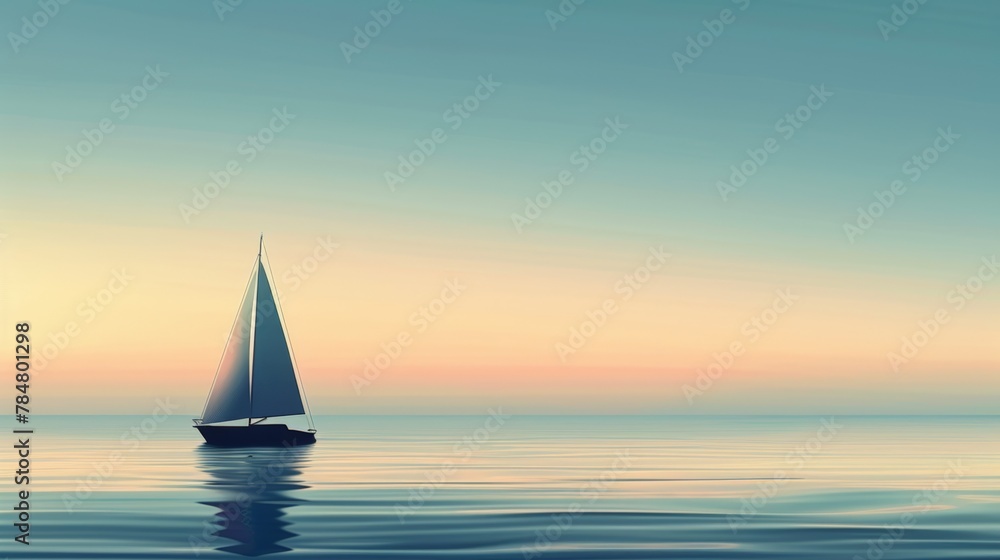 Minimalism of a Sailboat and yacht sailing gracefully on the serene sea under a stunning sunset sky, wallpaper illustration