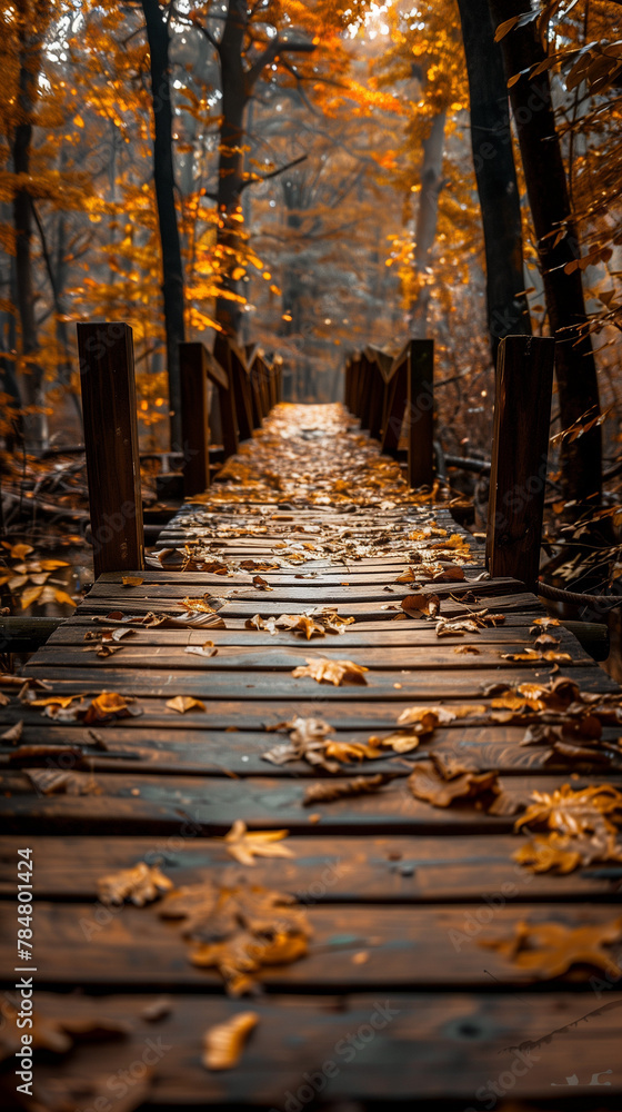 A wooden bridge with leaves on it