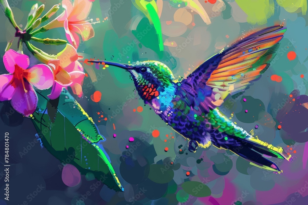 Pixel art of a hummingbird sipping nectar , illustration wallpaper