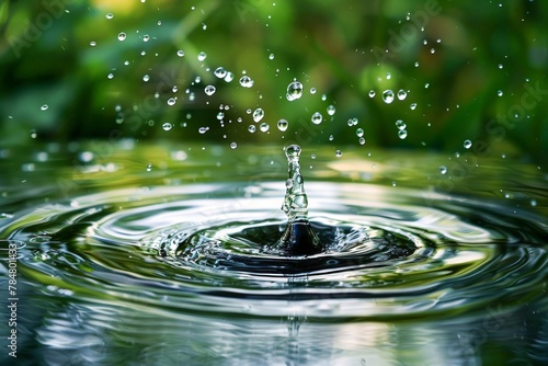 Clear water drop splashing with ripples and reflections in green