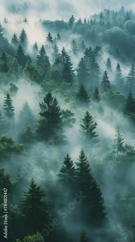 A forest with a thick fog covering the trees