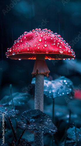 A red mushroom with raindrops on it