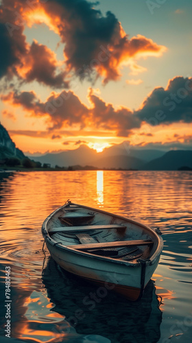 A small boat is floating on a lake at sunset