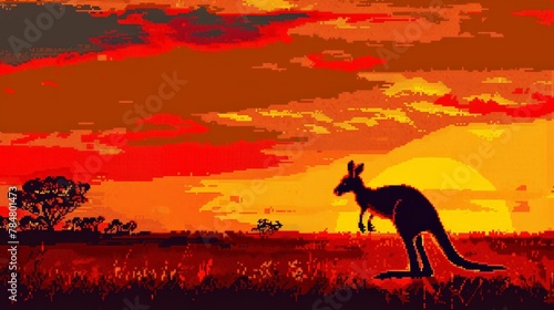Pixel art of a kangaroo in an Australian sunset, illustration wallpaper