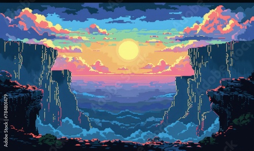 Pixel art of a retro video game level with a sky and mountain, illustration wallpaper