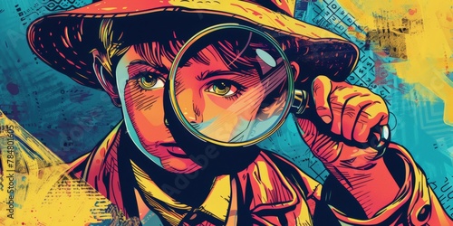 Pop art of a kid with a magnifying glass little detective, illustration wallpaper