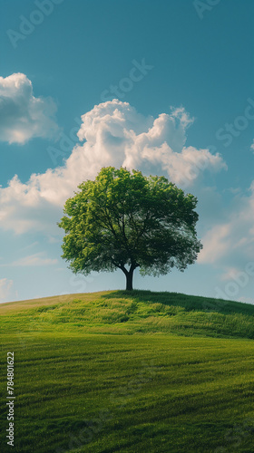 A tree is standing on a hill in a grassy field