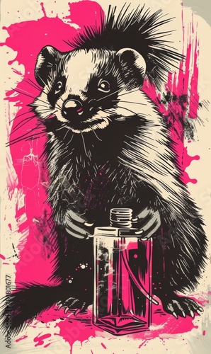 Pop art of a skunk with a perfume bottle motif scent, phone wallpaper, Illustration photo