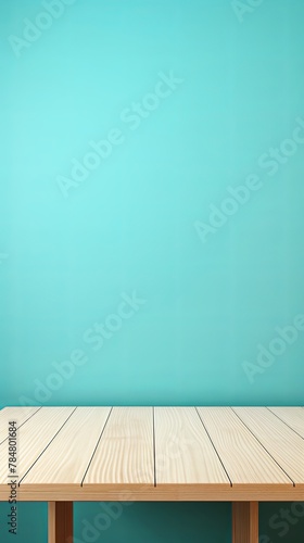 Cyan background with a wooden table, product display template. Cyan background with a wood floor. Cyan and white photo of an empty room © Celina