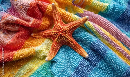 Colorful starfish on towel  sea beach vacation concept